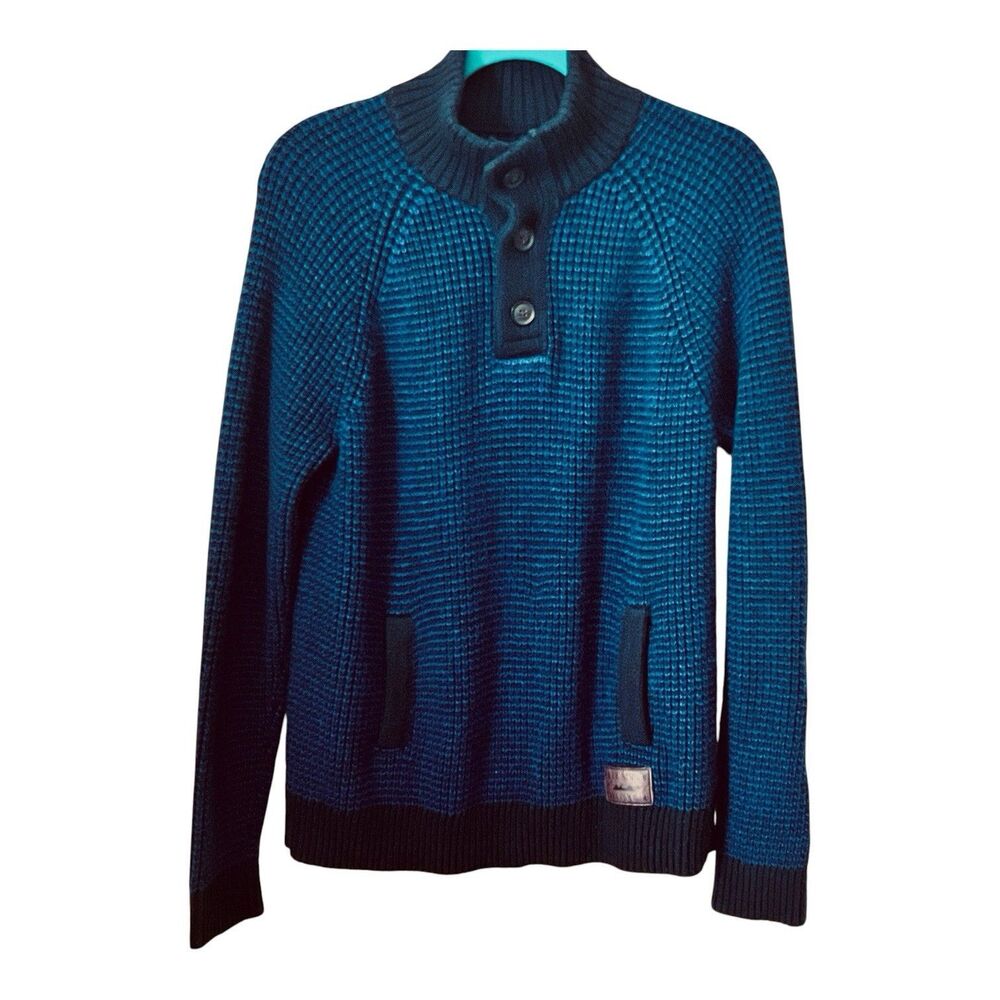 Hollister Blue Pullover Sweater Size L Three Button Front Neck Pockets Heavy